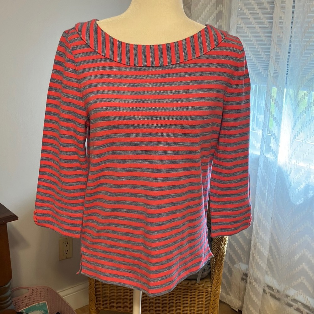 Talbots classic coastal preppy striped cotton top 3/4 sleeve rope detail SP EUC